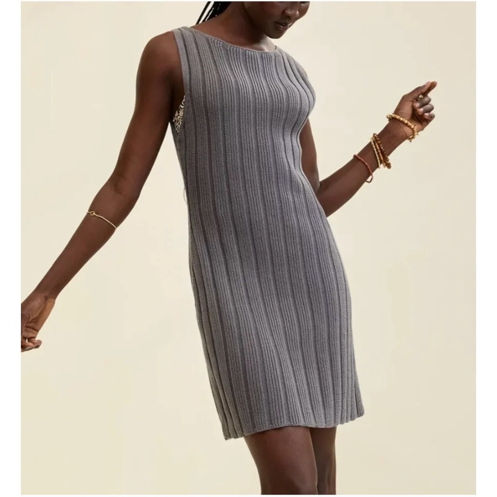 Aerie Sweater Dress Medium Skater Gray Ribbed Cotton Sleeveless Stretch